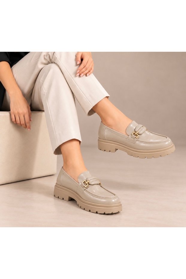 Castle 35363 Women's Beige Loafer Thick Sole Metal Buckle Daily Stylish Comfortable Casual Shoes