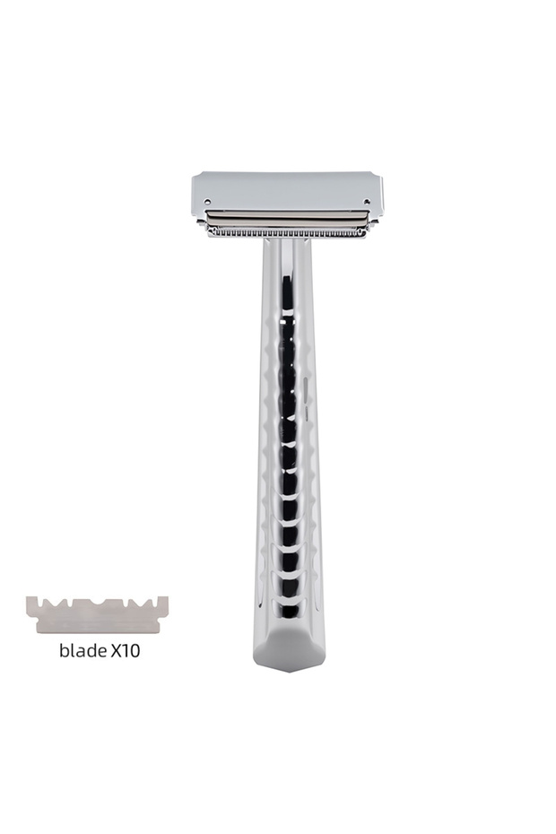 Silver Classic Metal Double-Layer Semi-Blade Razor Manual Shaving Razor Stainless Steel Double-Sided