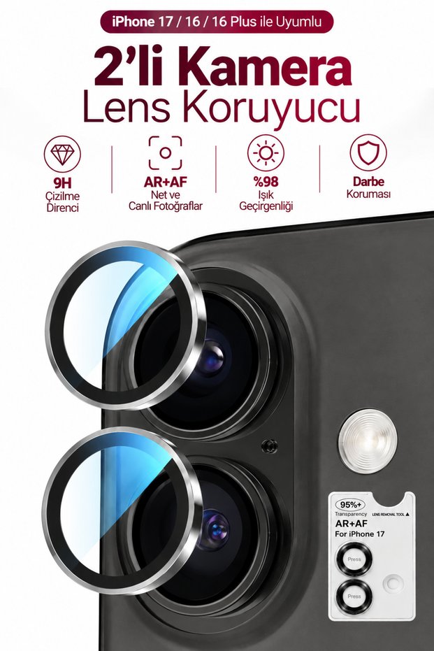 iPhone 17 / 16 / 16 Plus Compatible Premium Ar+Af Camera Lens Protector with Easy Installation Tool Set of 2