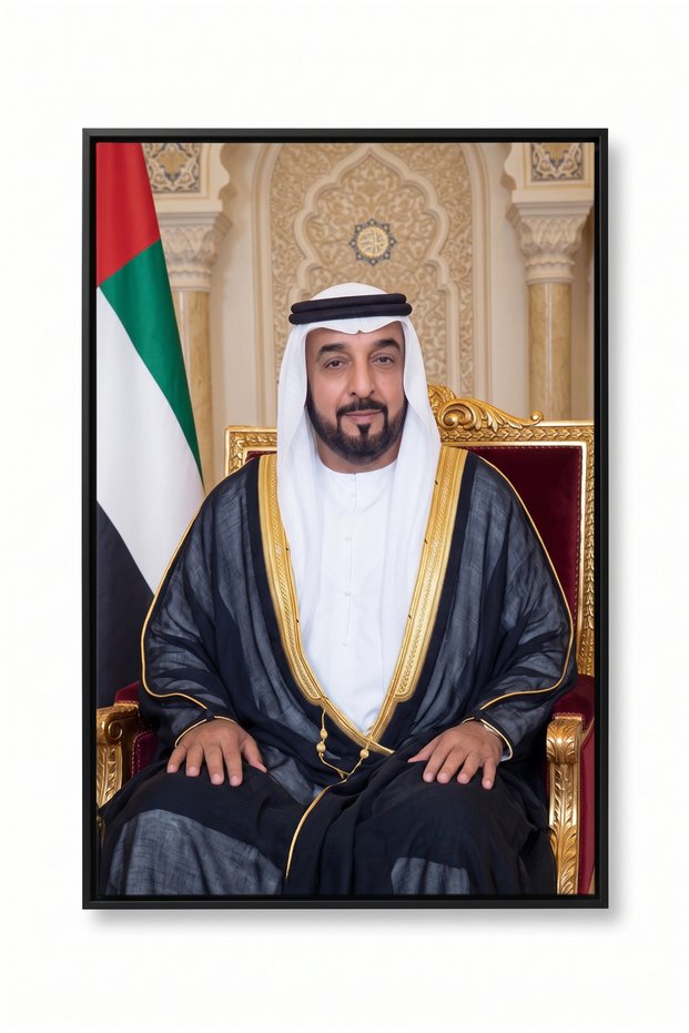 Premium Canvas Print: H.H. Sheikh Mohamed bin Zayed Al Nahyan Royal Portrait with UAE Flag – 60x90 Gallery Wrapped