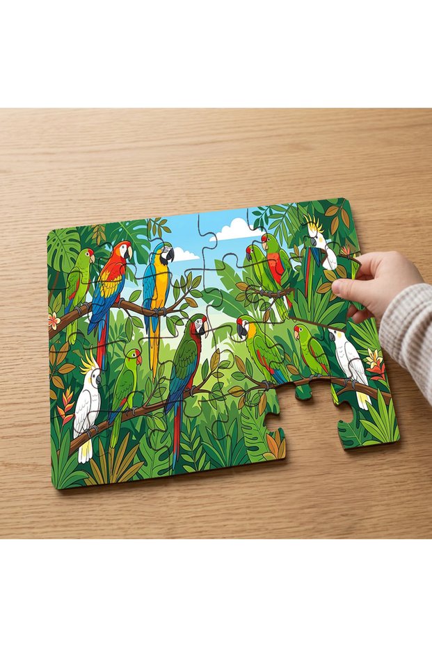 24 Piece Wooden Children's Puzzle with Colorful Parrots Design in the Forest