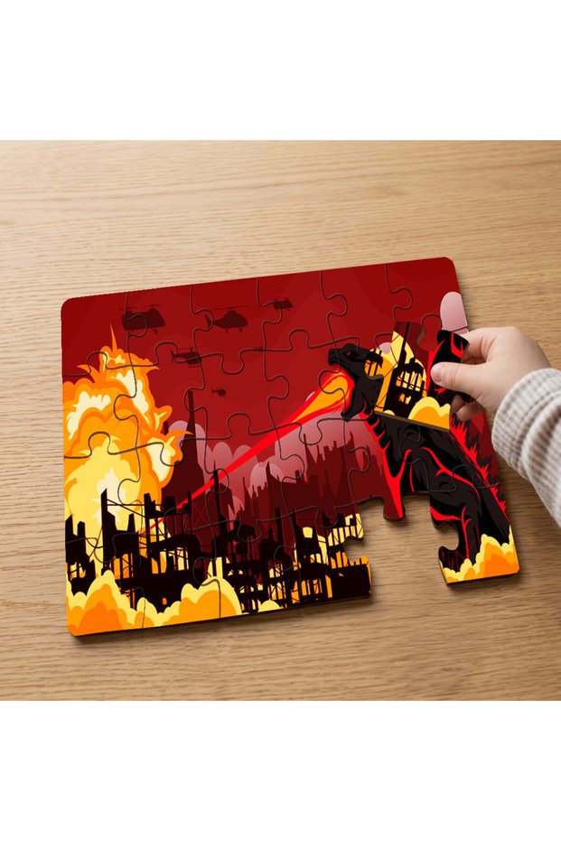 24 Piece Wooden Children's Puzzle with Dragon and City on Fire Design
