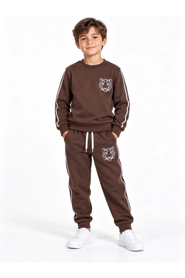 Brown 3-Thread Boys' Tracksuit Set with Tiger Embroidery, Ribbed Sweatshirt and Jogger Bottoms