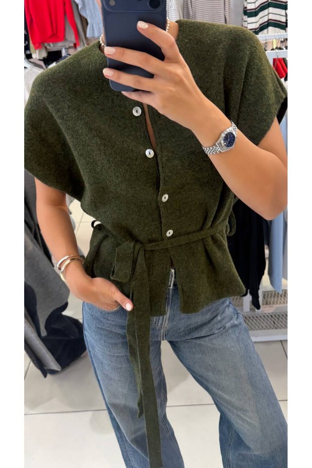Women's Short Sleeve Belted Detailed Buttoned Knitwear Cardigan