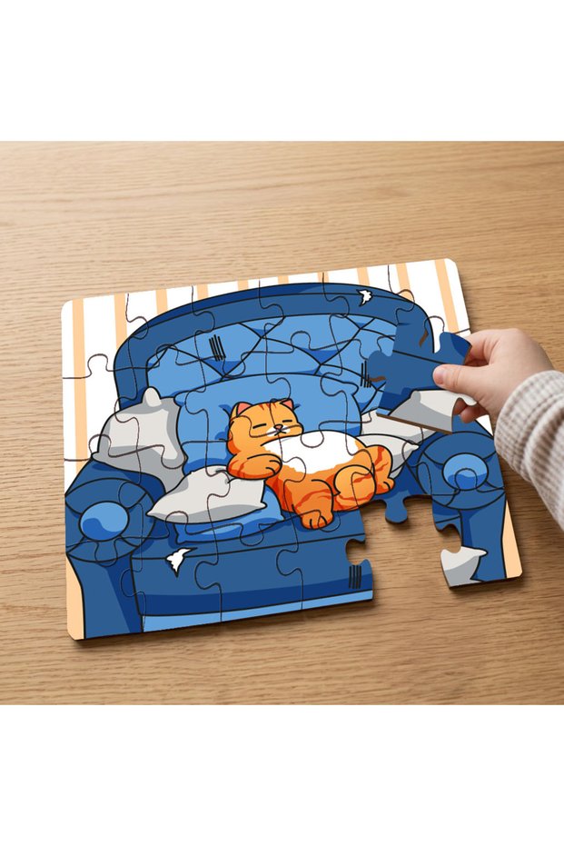 24 Piece Wooden Children's Puzzle with Sleeping Cute Orange Cat Design