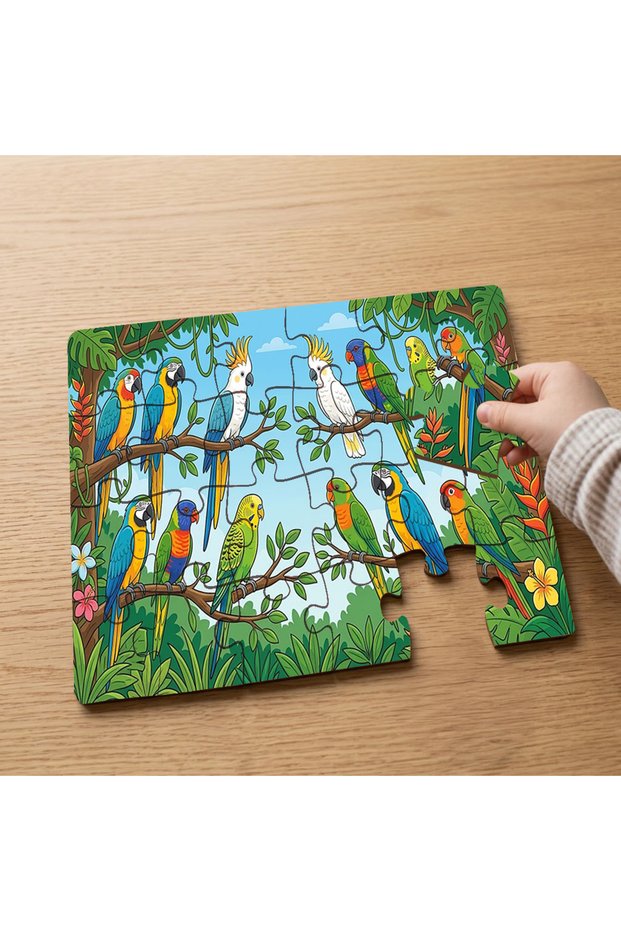24 Piece Wooden Children's Puzzle with Colorful Parrots Design in the Forest