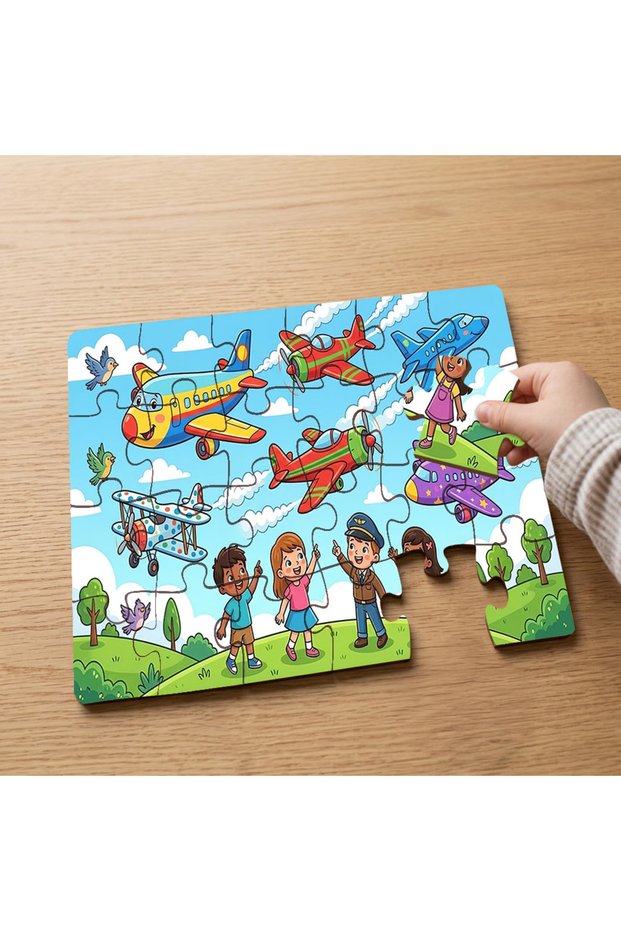 Colorful Planes - 24 Piece Wooden Kids Puzzle with Happy Kids Design