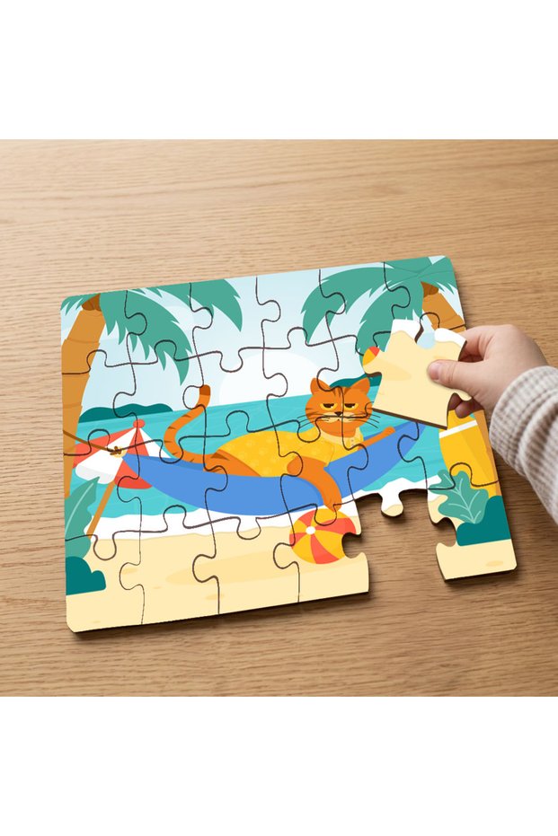 24 Piece Wooden Children's Puzzle with Cute Yellow Cat Design on Vacation