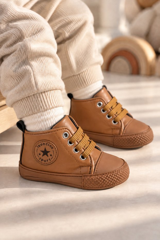 Tan Laced Star Emblem Soft Sole Baby Boy Sports Booties Shoes (4-12 Months / 18-19 Number) - L-263