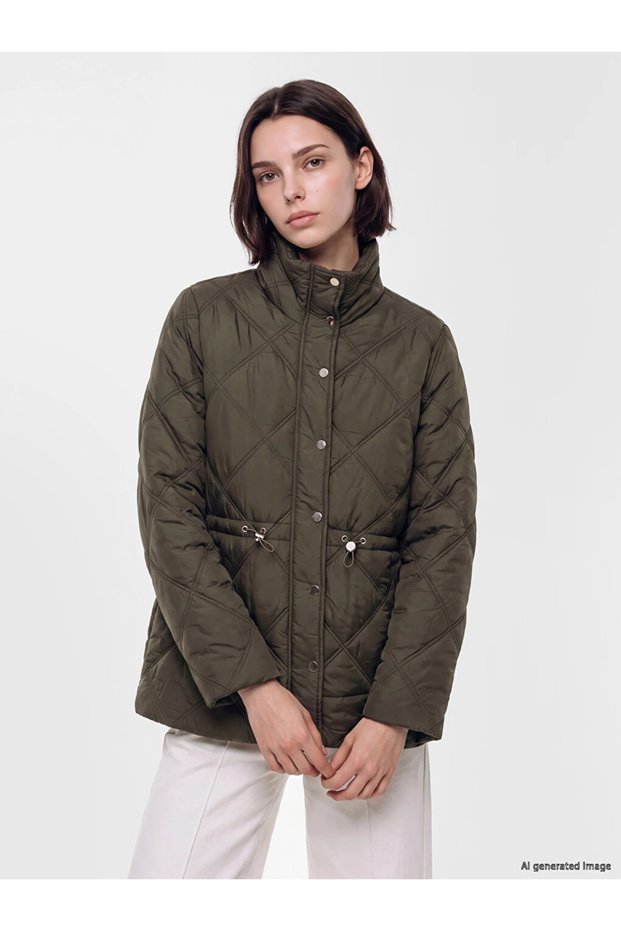 Khaki Stand Collar Quilted Women's Puffer Coat