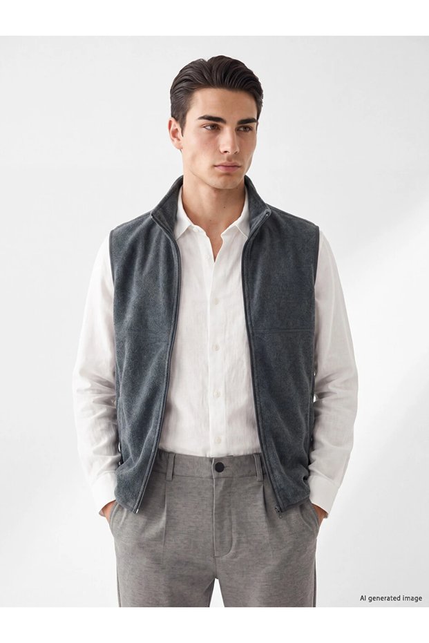 Gray Stand Collar Men's Fleece Vest