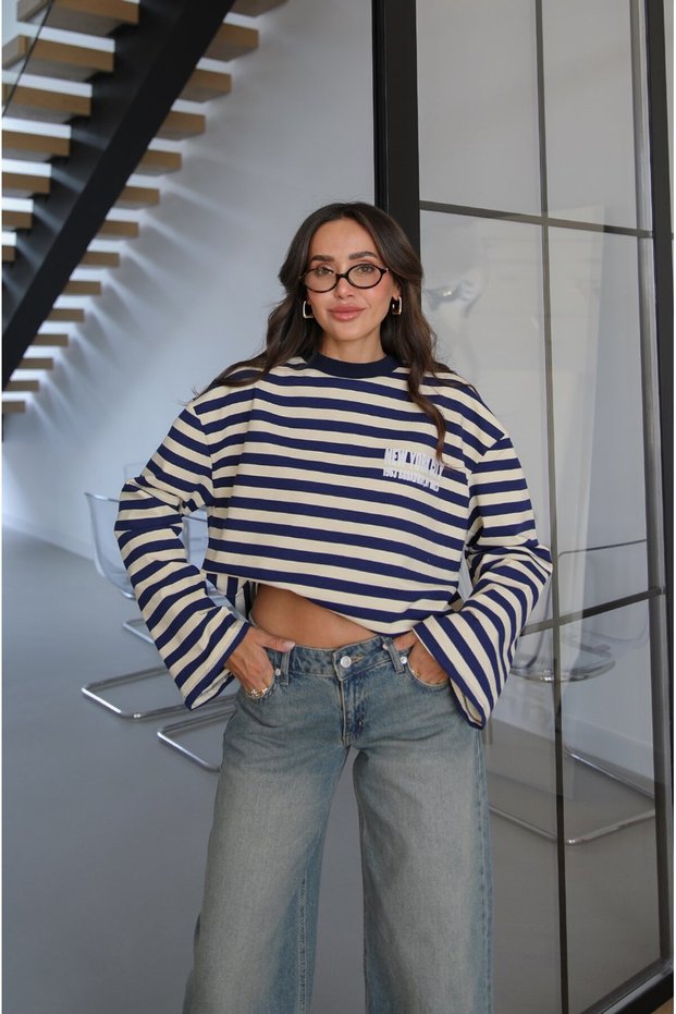 Navy Blue Text Printed Striped Sweatshirt