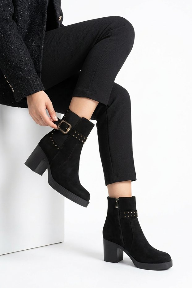 Torem Belt Trok Detailed Elastic Zippered Women's Heeled Boots Black Suede