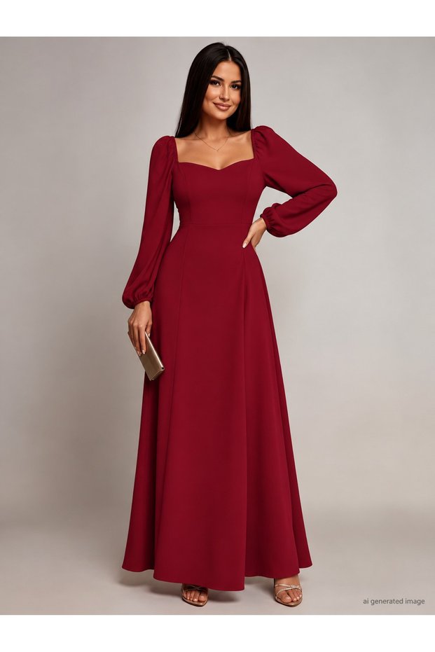 Women's long sleeve heart neck slit long imported crepe dress
