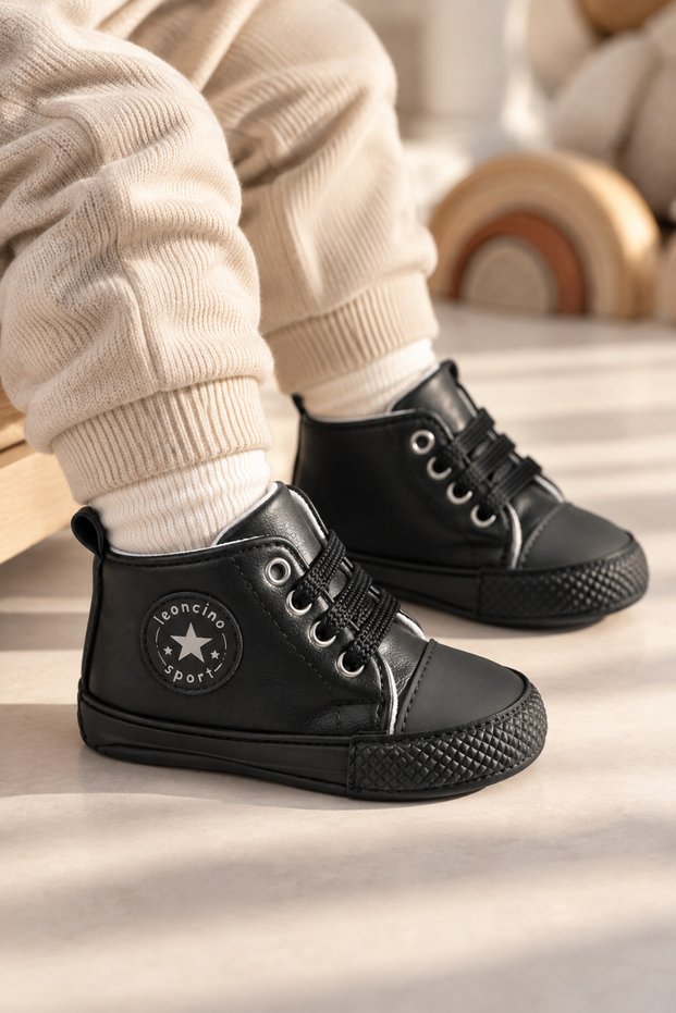 Black Lace-Up Star Emblem Soft Sole Baby Boy Sports Booties (4-12 Months / 18-19 Number) - L-263