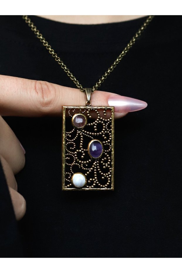 Natural Stone Moonstone Amethyst Pink Quartz 3 Natural Stones Women's Antique Necklace Feminine Energy and Love Euy45Aa