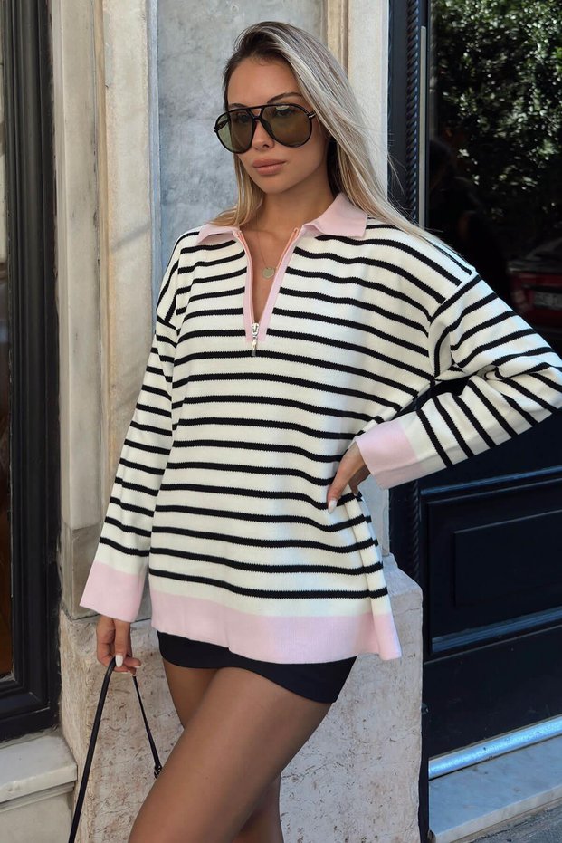 Pink Hizy Striped Polo Collar Half Zipper Women's Knitwear Sweater