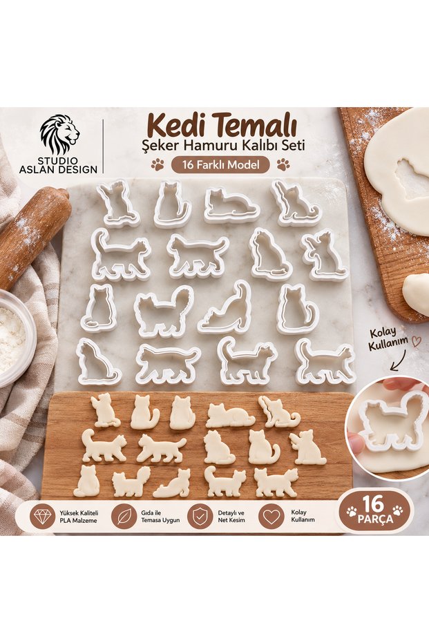 Set of 16 Cat Cookie Molds | Cute Cat Figured Candy Dough Cutter Mold | Cat Themed Birthday and Cake Decoration