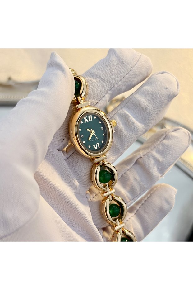 green Elegant Oval Wrist Watch for Women with Sparkling Translucent Stones