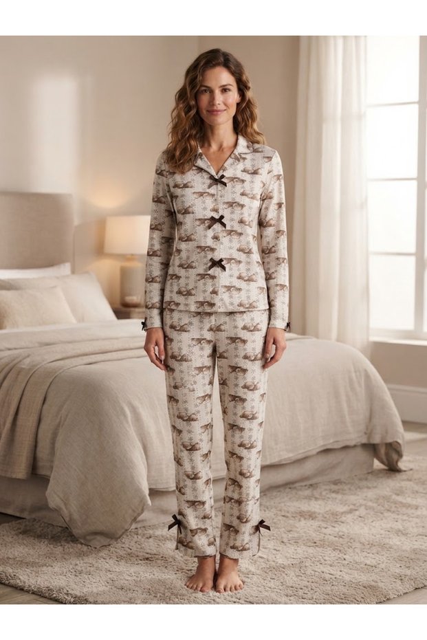 Women's Patterned Bowknot Long Sleeve Pajama Set Buttoned Pajama Bottom Top Set