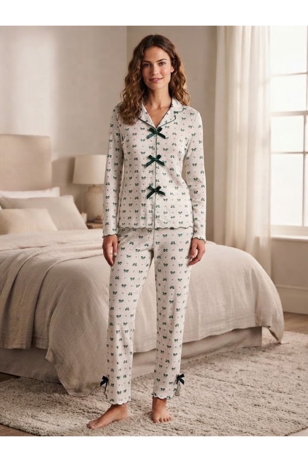 Women's Patterned Bowknot Long Sleeve Pajama Set Buttoned Pajama Bottom Top Set