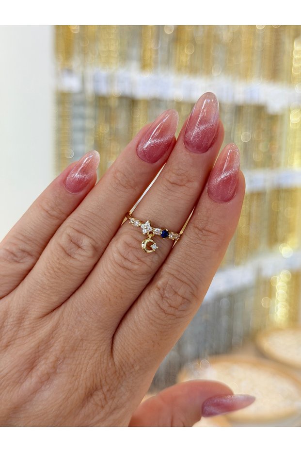 Adjustable Gold Blue Zircon Stone Moon Star Ring