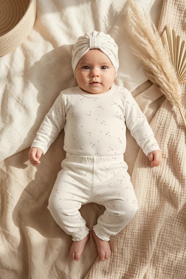 Lulla 100% Cotton Cream Heart Patterned 3-Piece Baby Set - Long Sleeve Snap-Up Bodysuit and Ruffle Pants