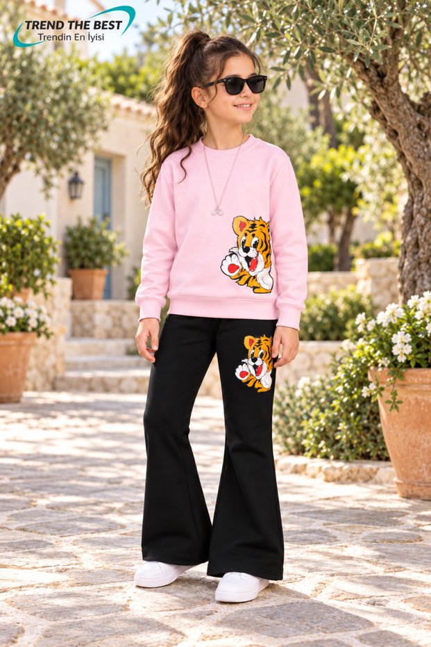 Winter, Spring, and Autumn Girls' Black Spanish Flared Bottoms and Pink Sweat Top