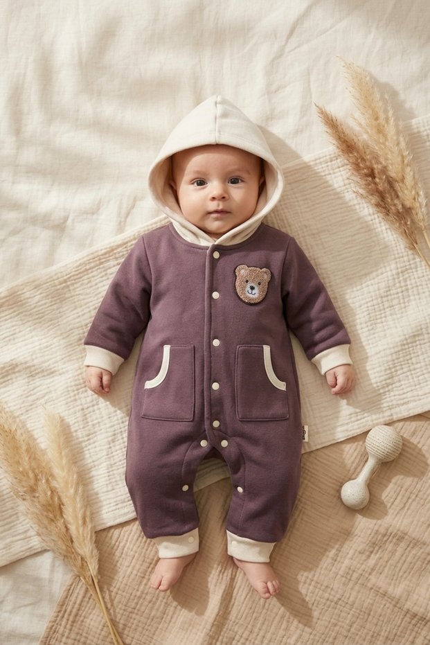 Milo Teddy Embroidered Hooded Baby Romper - 100% Cotton Soft Texture, Pastel Unisex Baby Jumpsuit