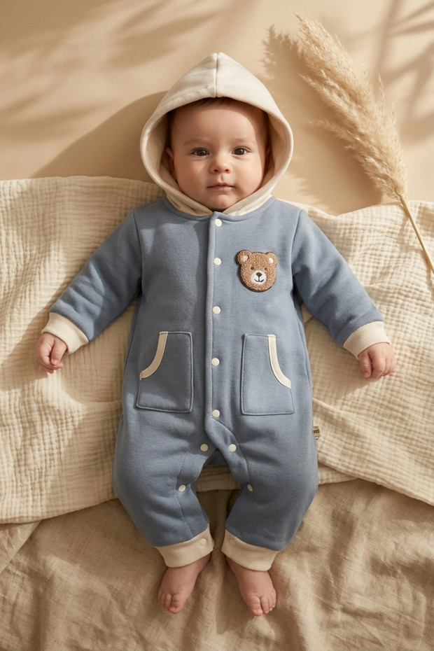 Milo Teddy Embroidered Hooded Baby Romper - 100% Cotton Soft Texture, Pastel Unisex Baby Jumpsuit
