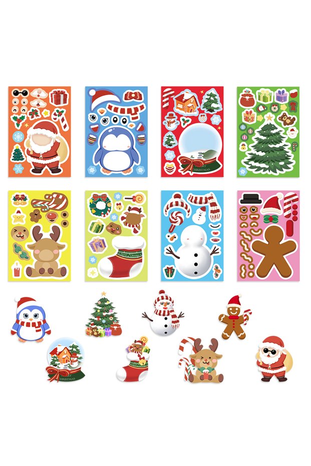 16PCS 8/16/24pcs Christmas Puzzle Stickers Make A Face Santa Claus DIY Waterproof Kids Jigsaw Games
