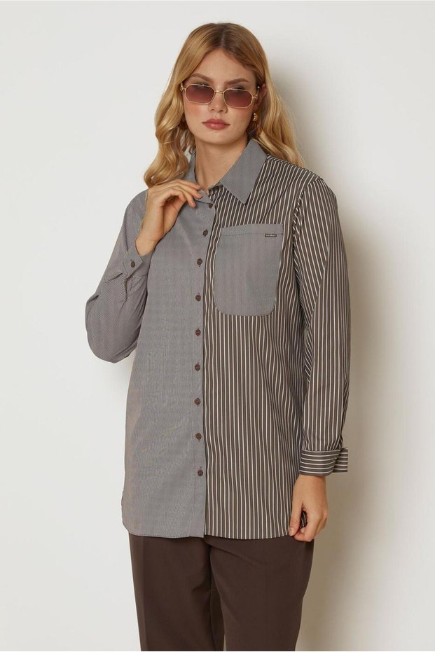Striped Shirt Collar Tunic 47007
