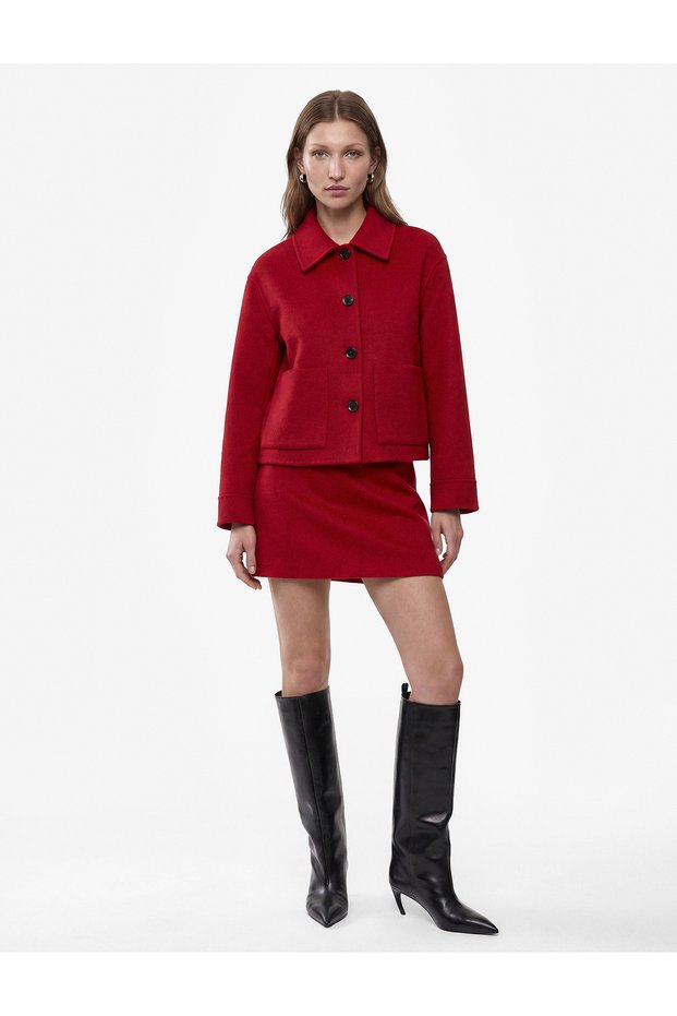 Shirt Collar Pocketed Buttoned Wool Blend Cropped Cashmere Jacket