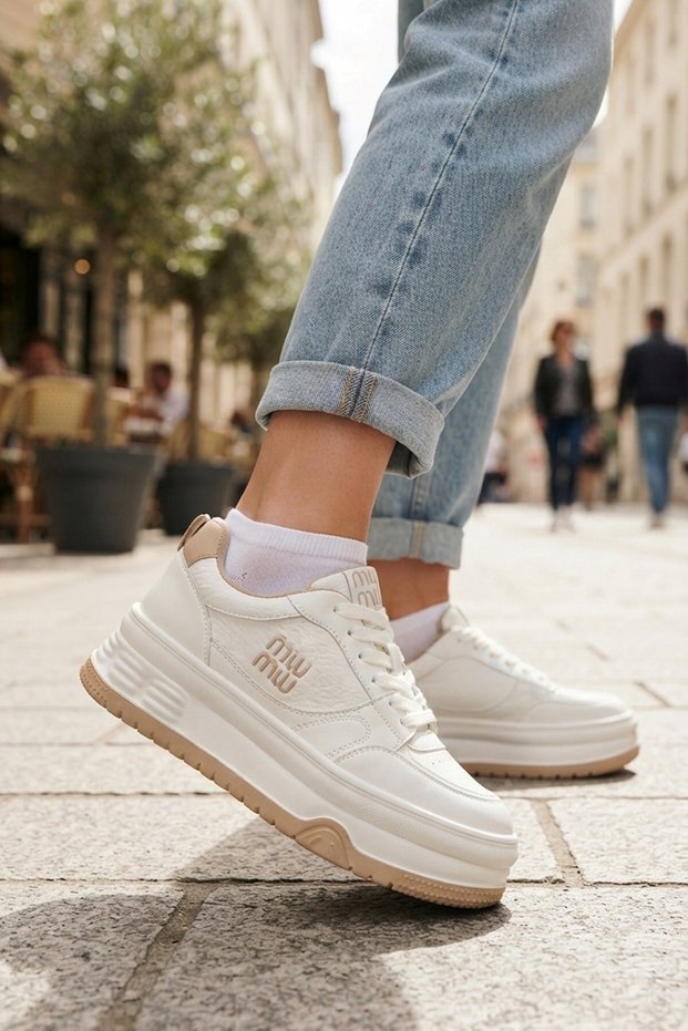 Beige White High-Sole Comfortable Imported Daily Women's Sneaker Sports Shoes