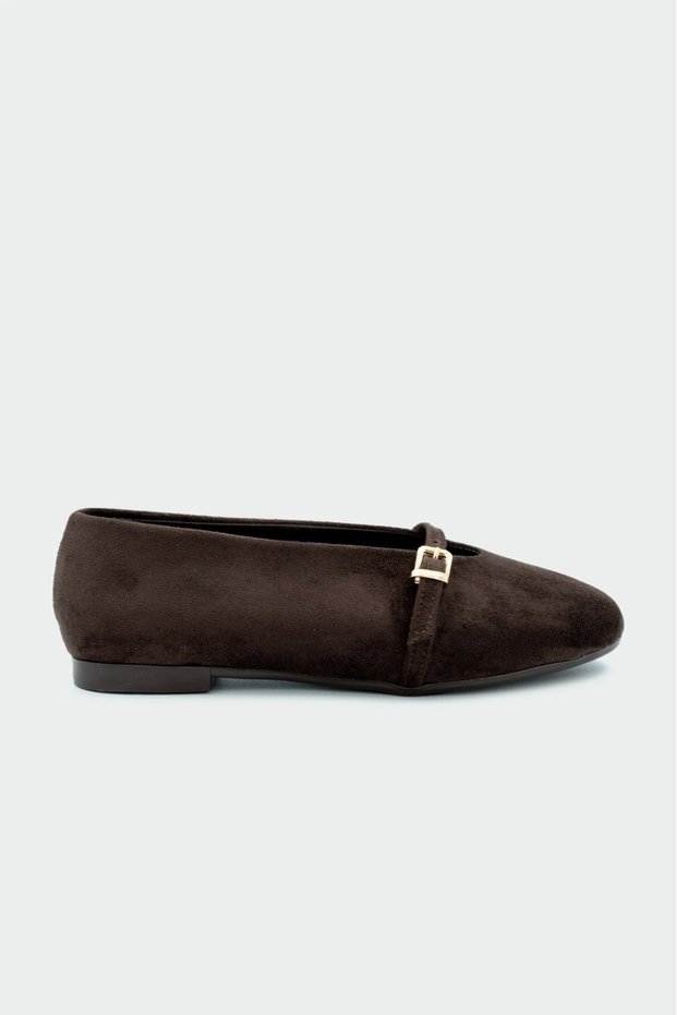 Velly Bitter Brown Suede Buckle Detailed Round Toe Modern Mary Jane Women's Ballerinas