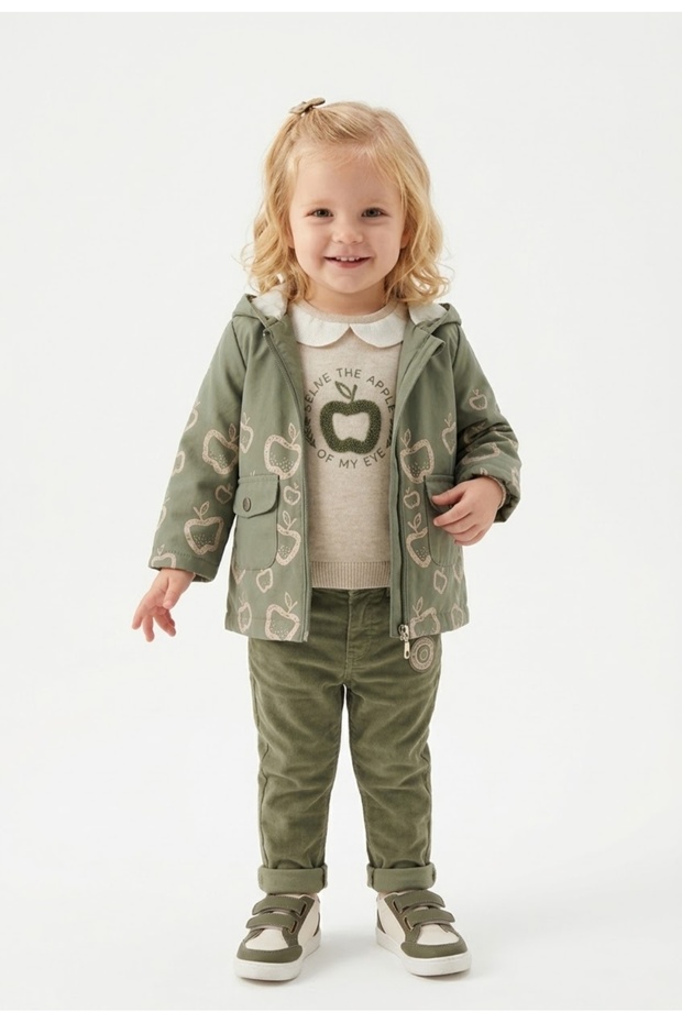 Girl's Zipper Closure Hooded Raincoat Knit Sweater Velvet Trousers Three-Piece Set
