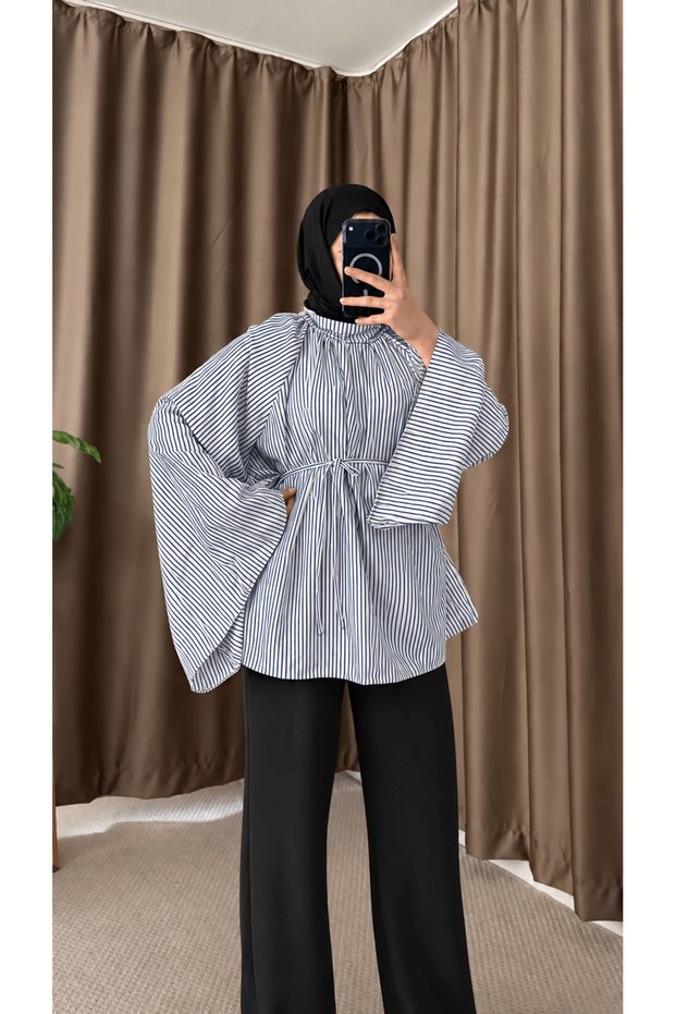 Spanish Sleeve Thin Striped Oversize Tunic Hpm - Navy Blue & White