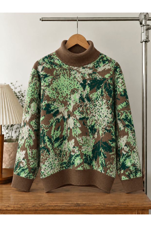 Batik Patterned Full-Length Knit Sweater - 01 - Brown & Green