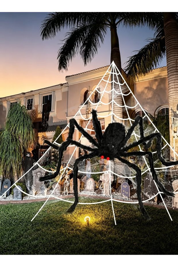 Halloween Spider Web Decorations Outdoor + 59 Inches Giant Fake Spider and Triangular Giant Spider Web 20 Small Spiders Suitable for Patio, Garden, Haunted House Decoration