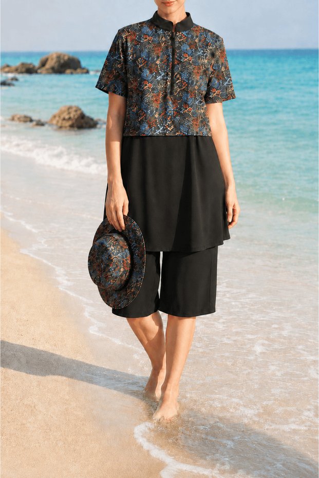 Batik Pattern Short Sleeve Swimsuit with Hat - Black