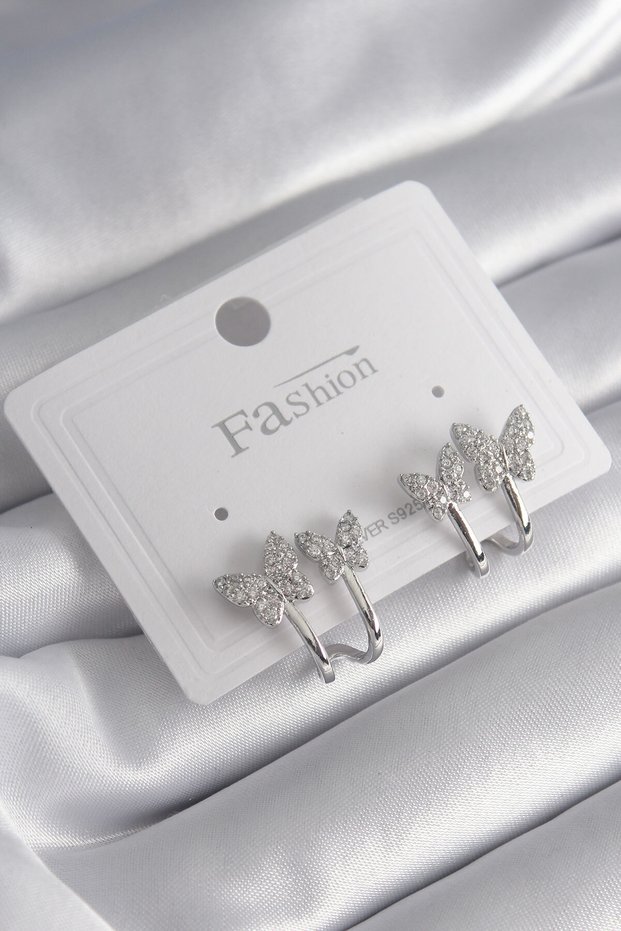 Brass silver color zircon stone butterfly model women's earrings
