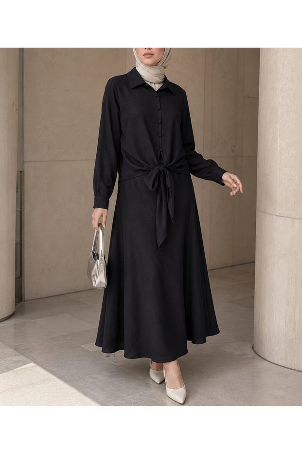 Patterned Tie-Front Satin Skirt Suit - 5163 - Black