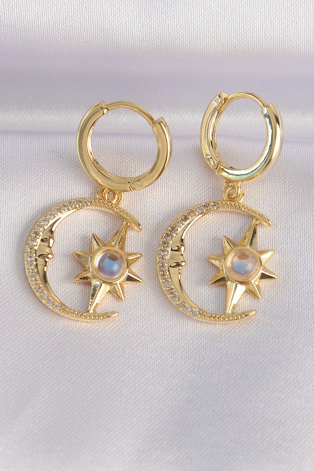 Brass Gold Color Zircon Stone Star Moon Design Earrings