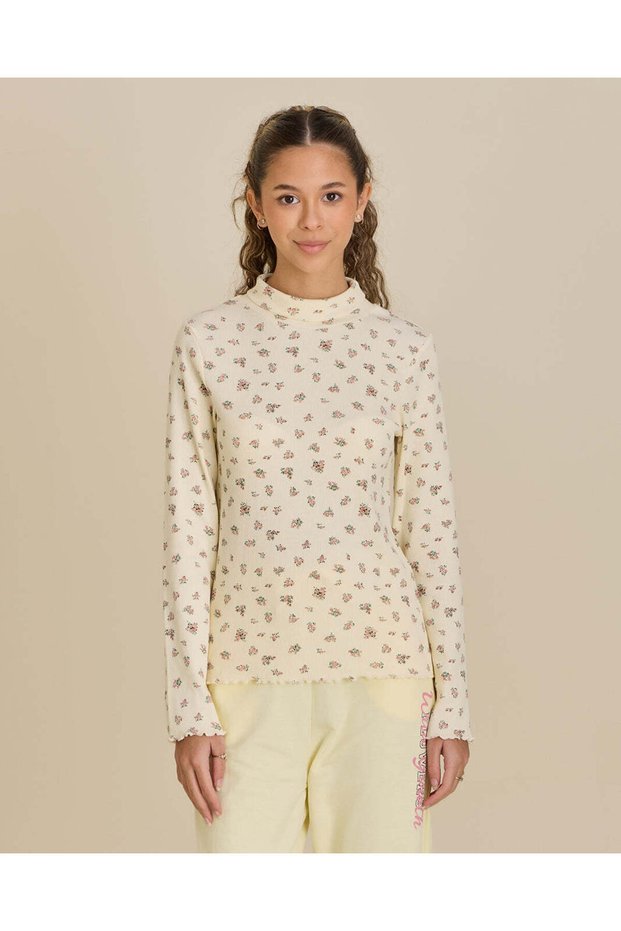 Senior Girls Cream Floral Ribbed Top