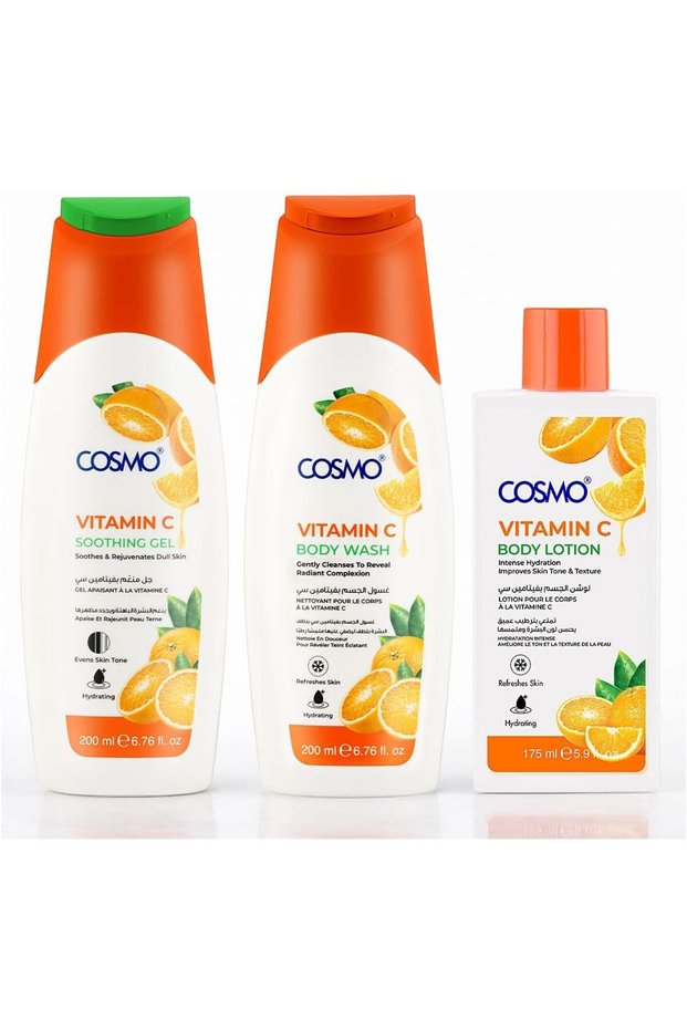 Cosmo Baby & Body Care Vitamin C Essential Kit Pack Of 3 | Body Wash 200ml, Lotion 175ml, Soothing Gel 200ml | Fast Absorbing & Lightweight & Non Greasy | For Men & Women | For All Skin Types
