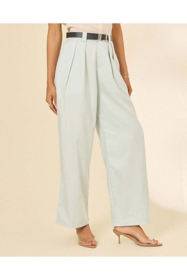Women Blue High-Rise Wide-Leg Trousers