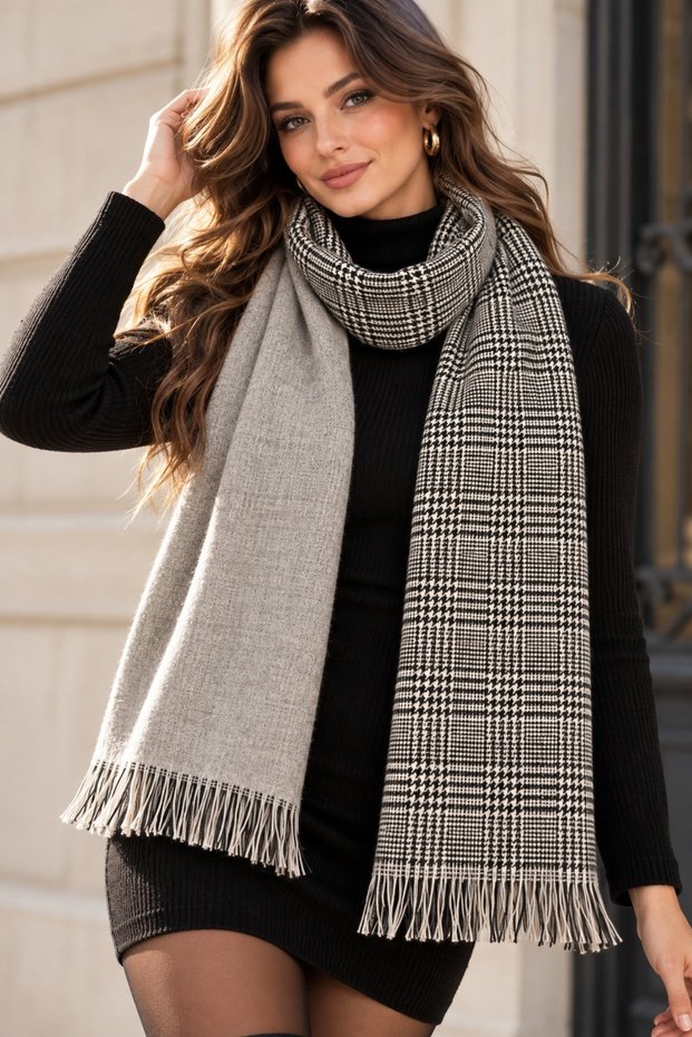 Tokyo | Women's Reversible Winter Shawl 70x180 cm | Gray, Black, and White Houndstooth Pattern Oversized Tasseled Shoulder Shawl