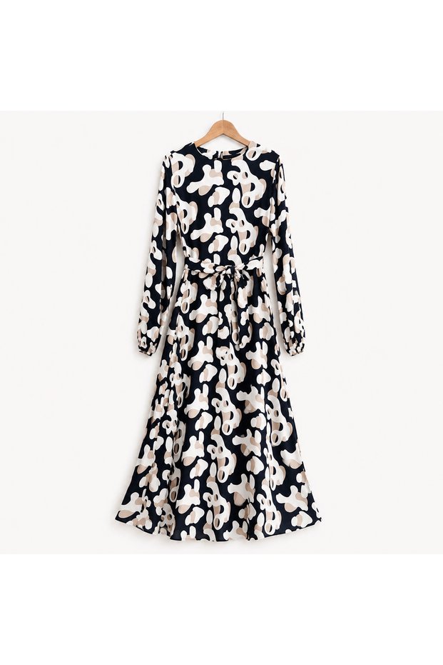 Elastic Sleeve Wave Pattern Dress - Black