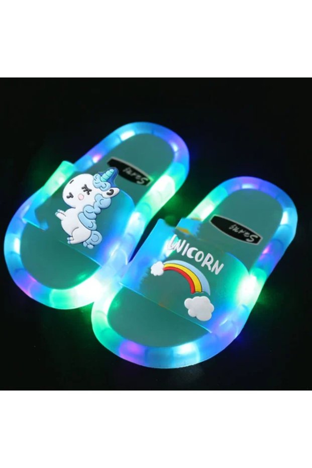 24-25(Insole 14.5CM) Blue Children‘s Boys Girls Slippers Cartoon Unicorn Animals Prints Shoes Lighte
