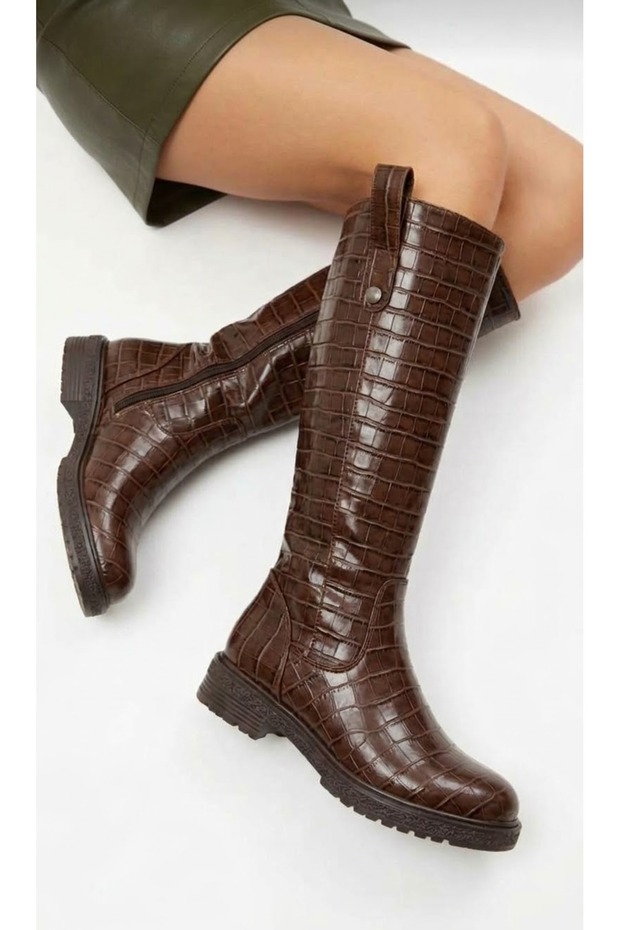 Brown Croco Women's Side Zipper Boots with Stylish Buckle